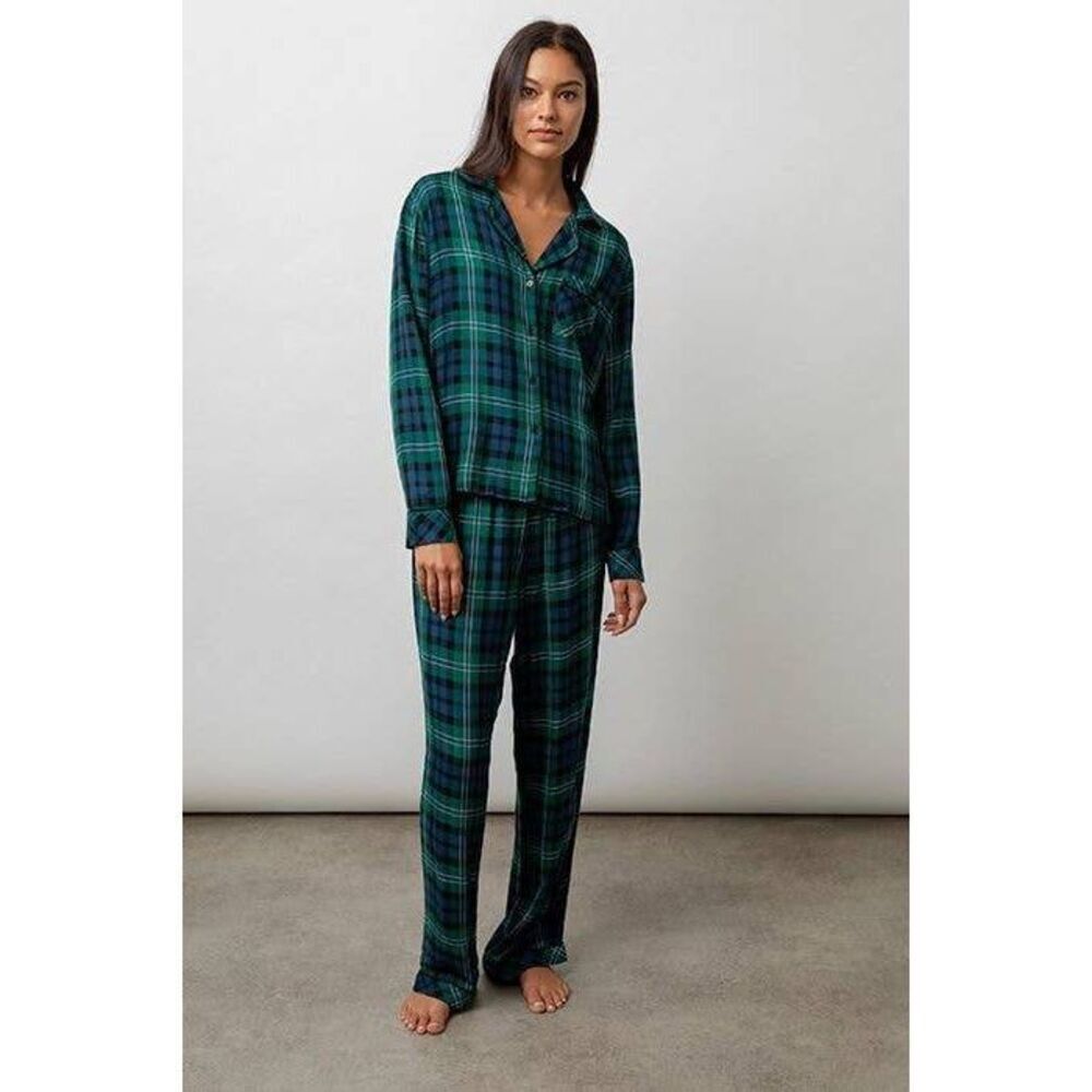 Rails Clara Plaid Flannel Pajama Set Midnight Emerald Blue Sz. XS